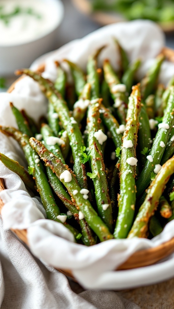 Crispy air fryer green beans served in a basket with a sprinkle of cheese.