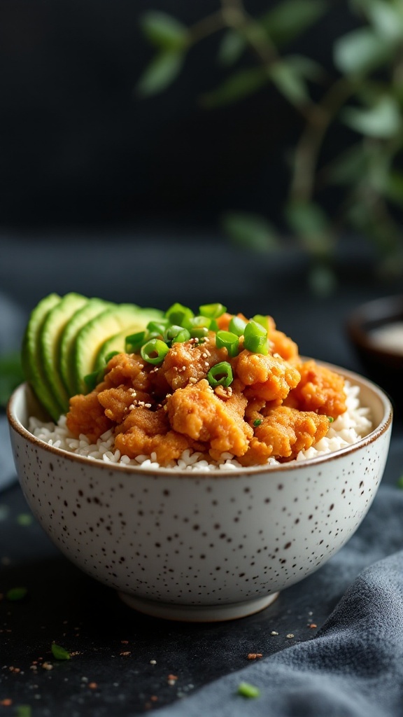 A delicious crispy chicken sushi bowl with rice, avocado, and green onions.