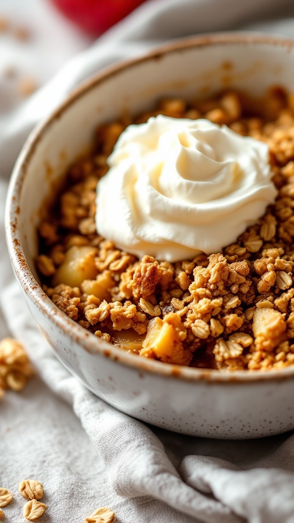 Bowl of warm crockpot apple crisp topped with whipped cream