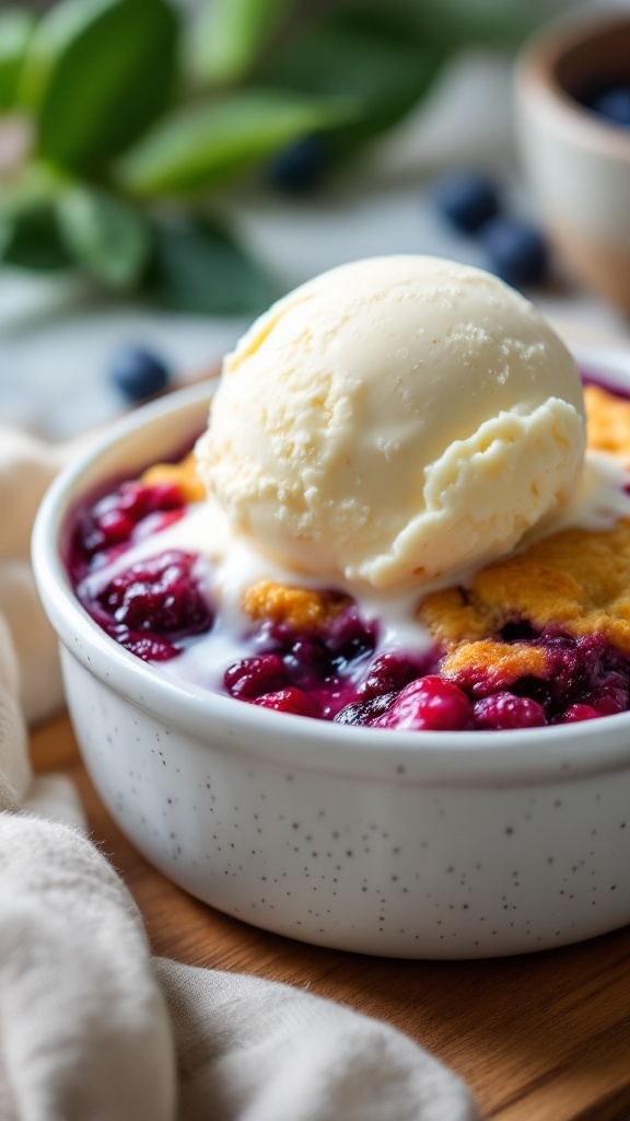 Crockpot berry cobbler with a scoop of vanilla ice cream on top