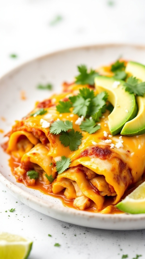 A delicious plate of chicken enchiladas topped with cheese and garnished with cilantro and lime.