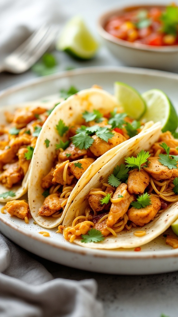 Crockpot chicken tacos topped with cilantro and served with lime wedges.