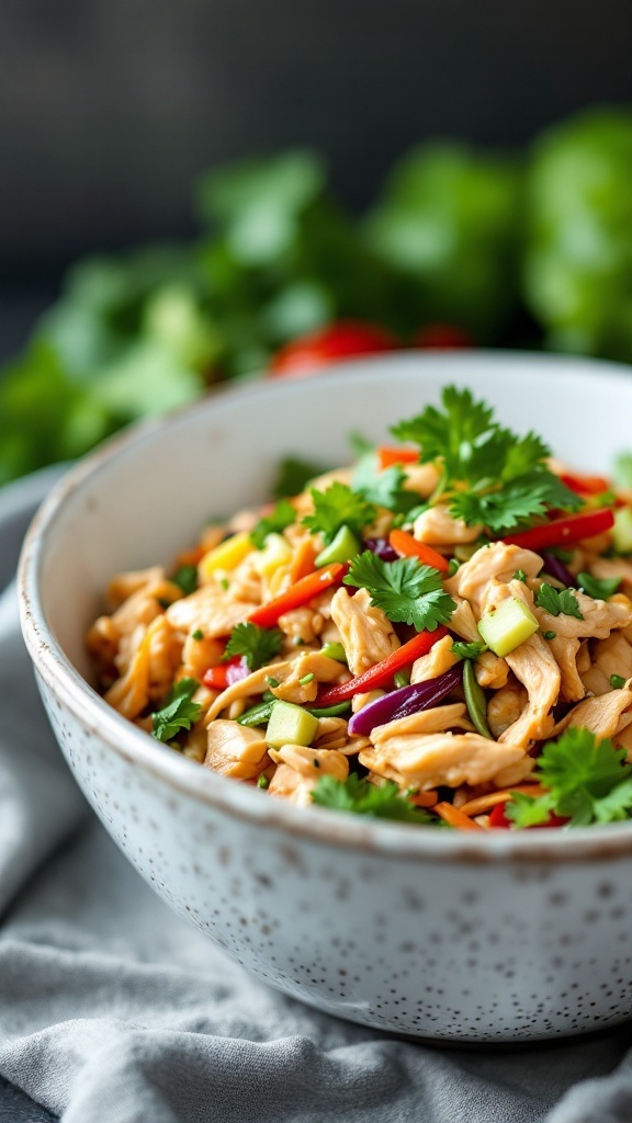 A bowl of colorful Chinese chicken salad with shredded chicken, cabbage, carrots, and fresh herbs.