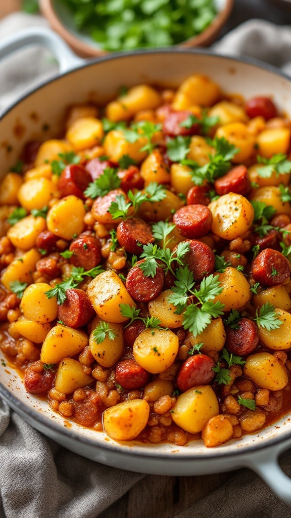 A vibrant bowl of chorizo and potato hash with eggs