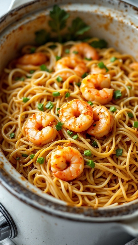 A bowl of chow mein with shrimp and vegetables, showcasing a delicious and colorful meal.