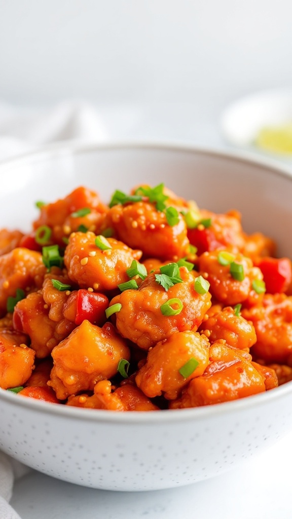 A bowl of General Tso's chicken served over rice, garnished with green onions.