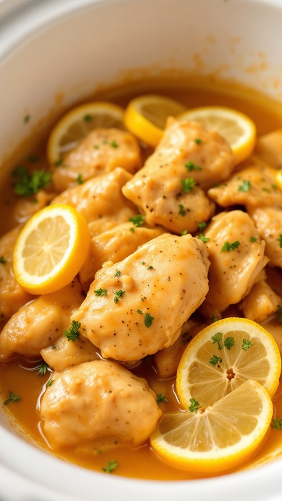 A plate of lemon ginger chicken garnished with lemon slices and green onions