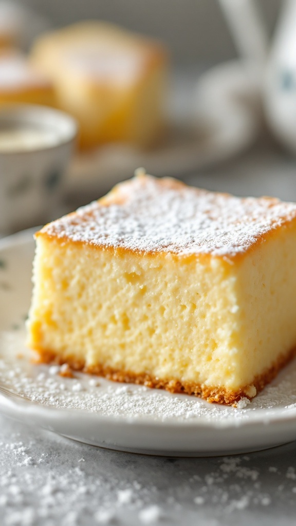 A slice of lemon pudding cake dusted with powdered sugar