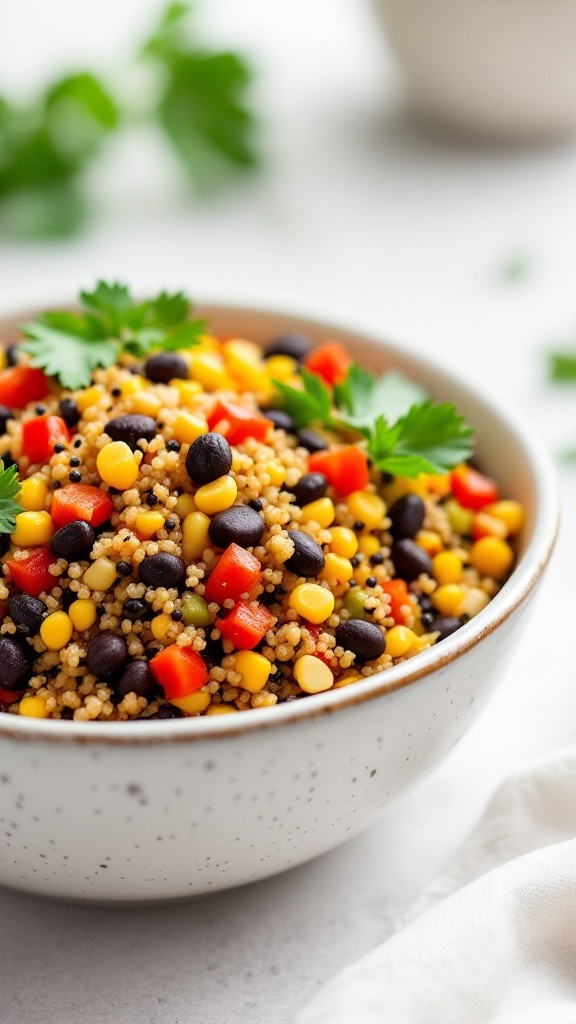 Bowl of colorful Mexican quinoa with black beans, corn, and bell peppers garnished with cilantro.