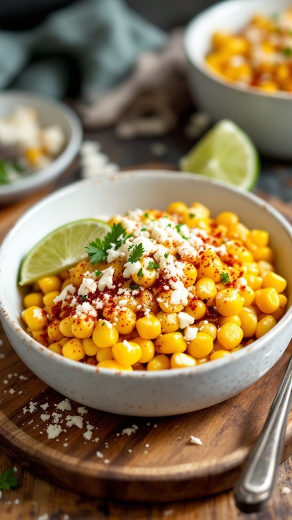 A bowl of crockpot Mexican street corn topped with cheese and cilantro