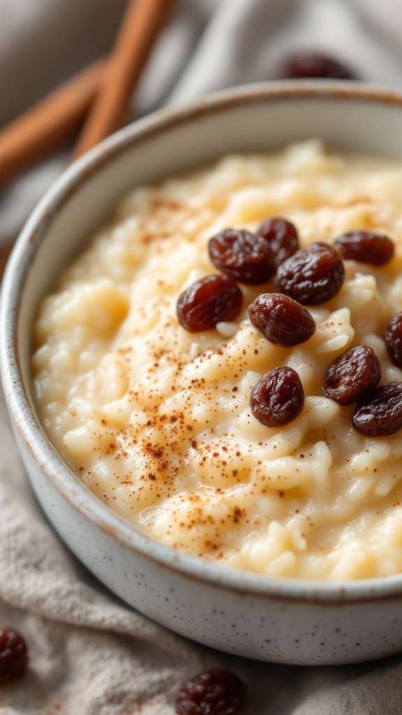 A bowl of creamy rice pudding topped with raisins and sprinkled with cinnamon.