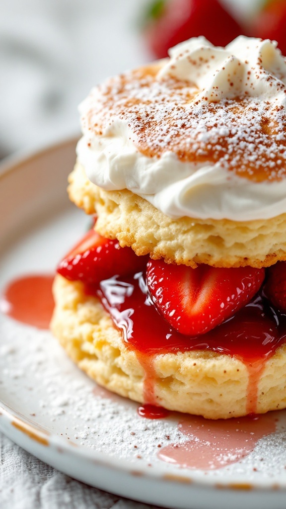 A delicious serving of Crockpot Strawberry Shortcake with layers of biscuit, strawberries, and whipped cream.