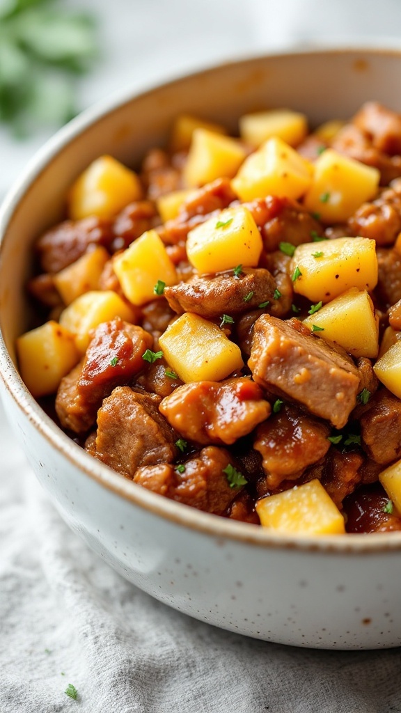 A bowl of Sweet and Sour Pork with pineapple chunks and colorful bell pepper pieces.