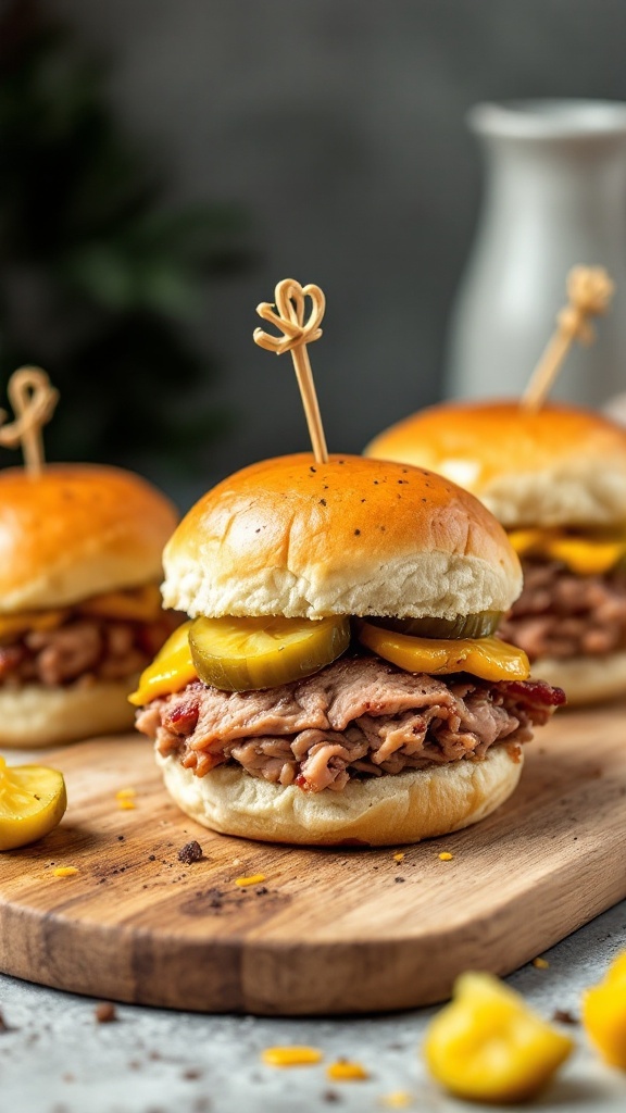 Cuban pork sliders with pickles on a wooden board