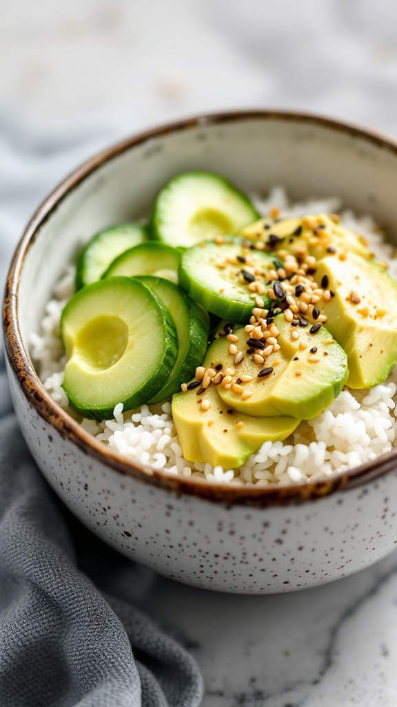 A fresh Cucumber Avocado Bowl with rice, cucumber slices, and diced avocado topped with sesame seeds.