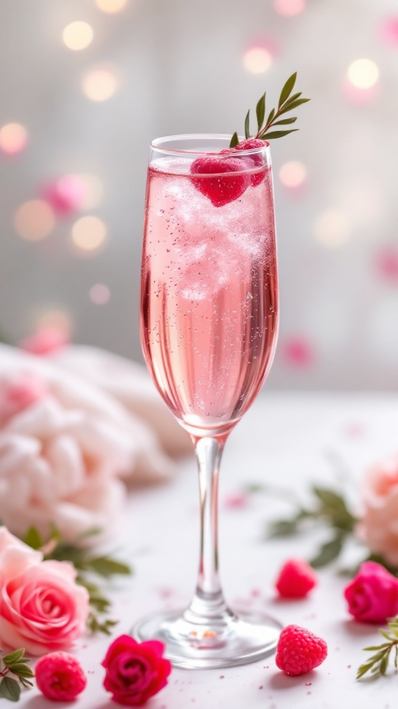 A refreshing Cupid's Kiss Mimosa with strawberries and mint garnish.