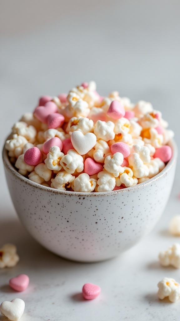 A bowl of Cupid's popcorn mix, featuring popcorn, heart-shaped candies, and sprinkles.