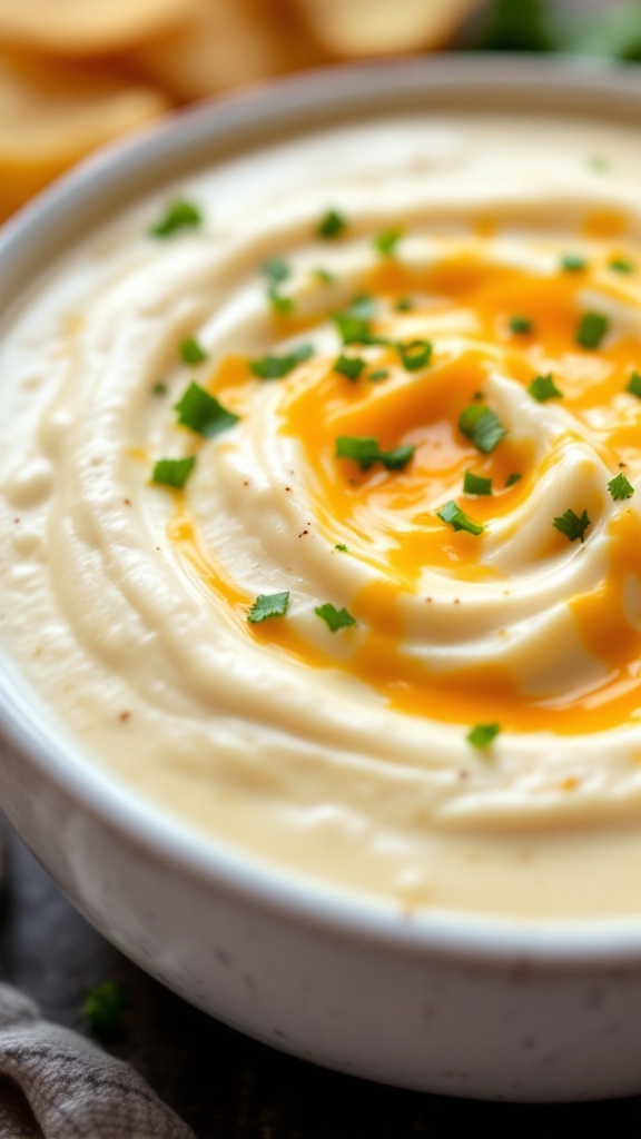 A creamy white queso dip with cheese and chips for dipping