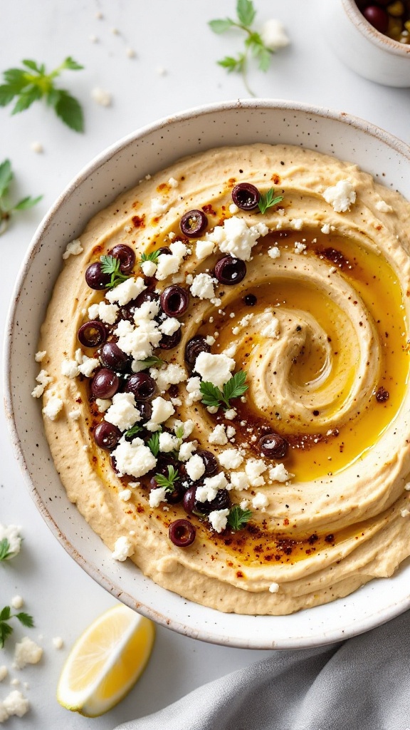 A bowl of feta and olive hummus topped with feta cheese and olives, served with pita bread.