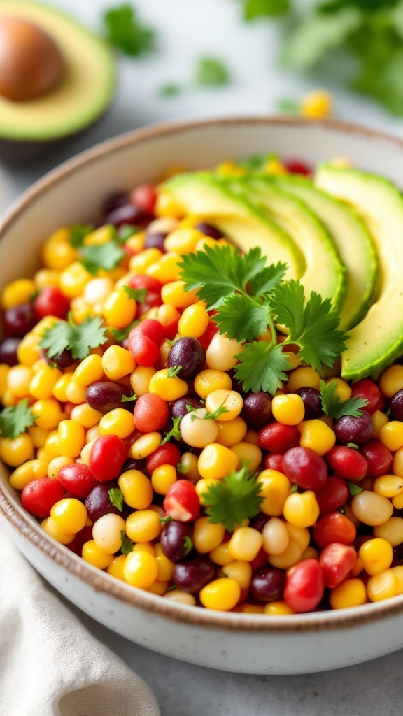 Vibrant fiesta corn and bean salad with avocado slices and cilantro