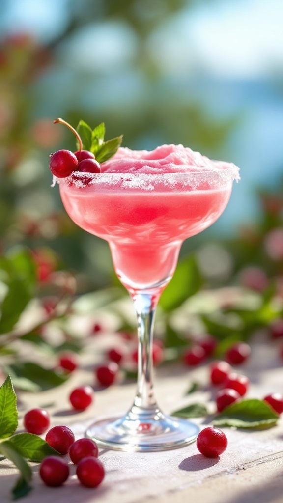 Frozen Cranberry Daiquiri in a glass with garnishes