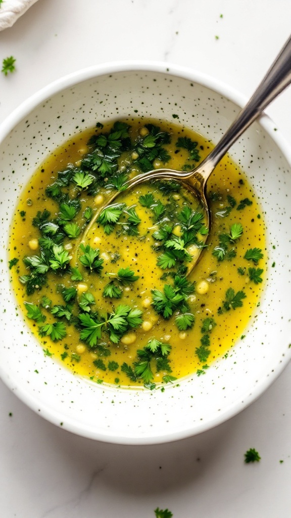 Garlic-Parsley Marinade in a bowl surrounded by fresh parsley and salmon fillets