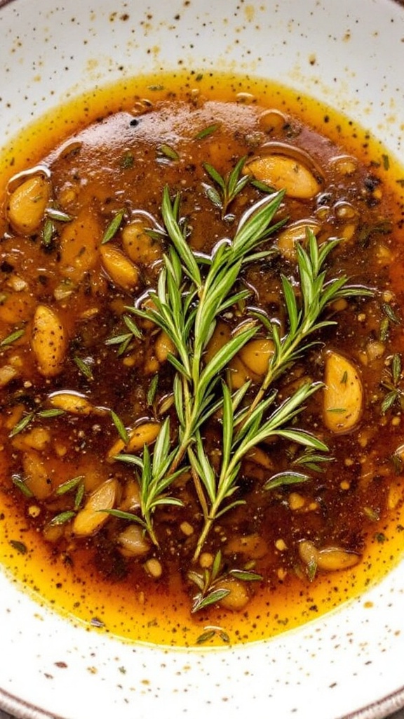 A bowl of garlic cloves and rosemary in marinade