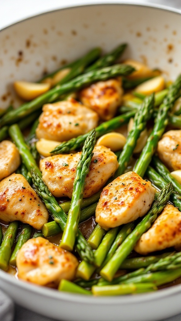 A delicious garlic butter chicken stir fry with asparagus