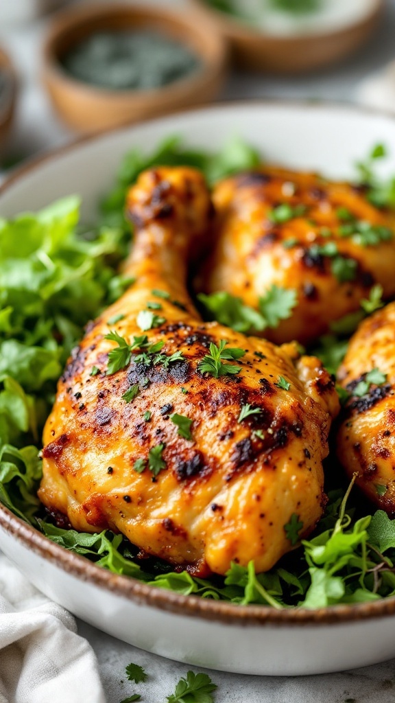 Delicious garlic herb air fryer chicken leg quarters served on a bed of greens.