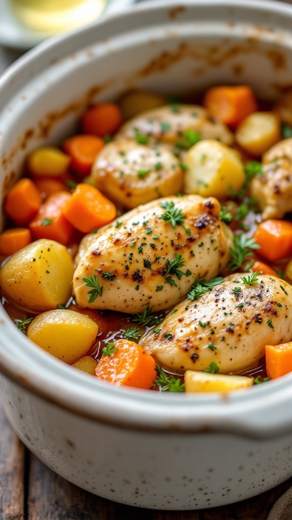 A delicious serving of garlic herb chicken with potatoes and carrots in a slow cooker.