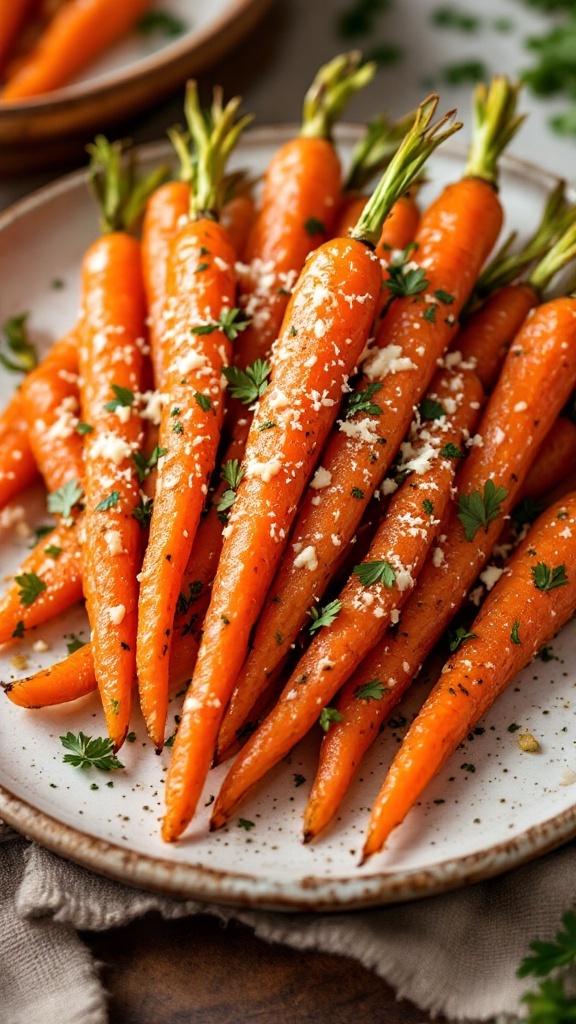 Plate of Garlic Parmesan Air Fryer Carrots garnished with parsley