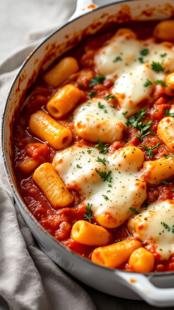 A bowl of Gnocchi alla Sorrentina topped with melted mozzarella and fresh basil.