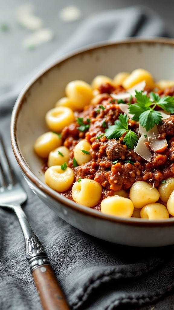 A bowl of gnocchi with beef ragu, garnished with parsley and Parmesan cheese.