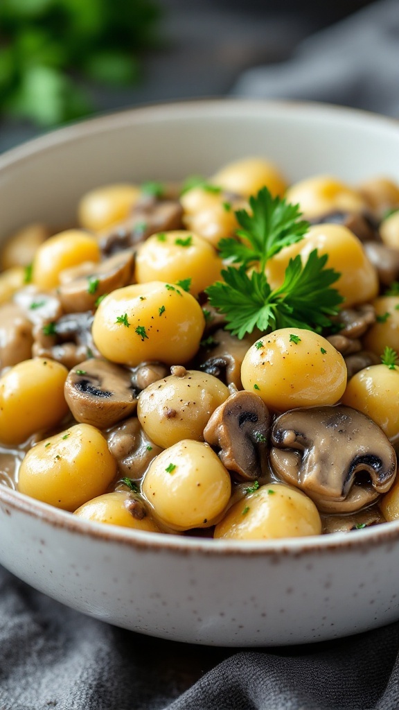 Gnocchi with creamy mushroom sauce in a bowl