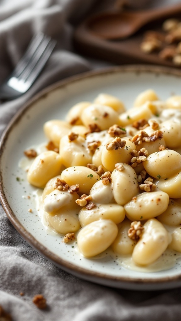 Delicious plate of gnocchi with creamy Gorgonzola sauce and walnuts