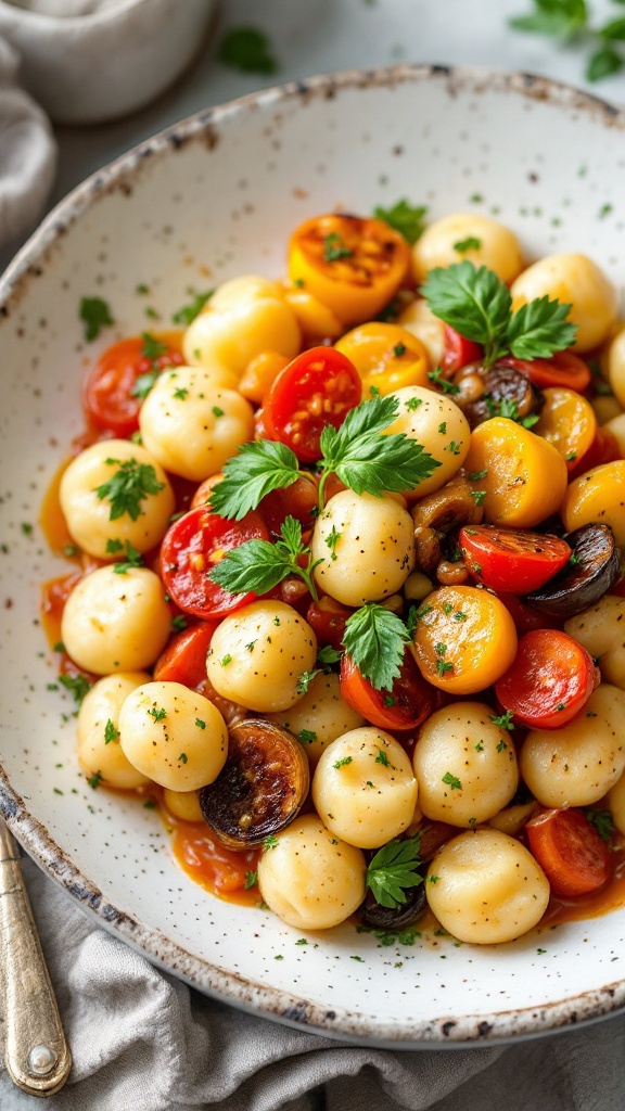 Gnocchi with a colorful mix of roasted vegetables and fresh herbs.