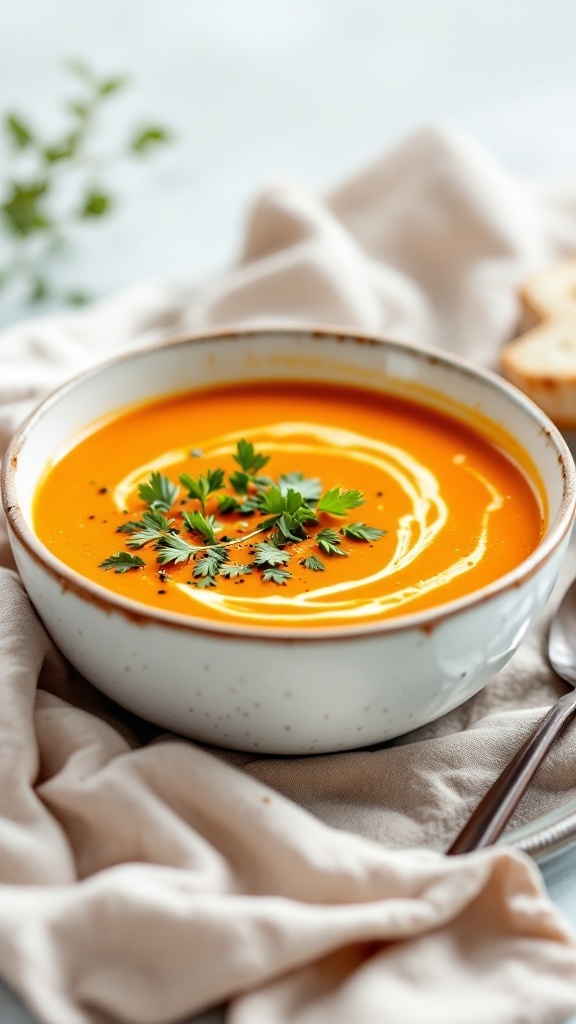 Bowl of Gochujang Butternut Squash Soup with fresh herbs