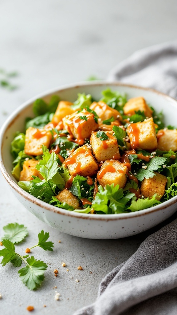 A bowl of Gochujang Caesar Salad with croutons and leafy greens.