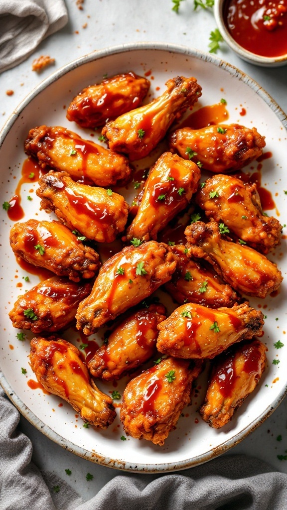 Deliciously crispy gochujang chicken wings on a plate, garnished with parsley.