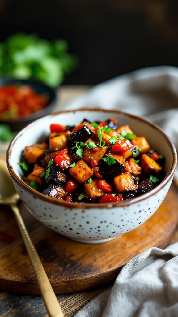 A bowl of vibrant Gochujang Eggplant Stir-Fry featuring diced eggplant, red bell pepper, and green onions.