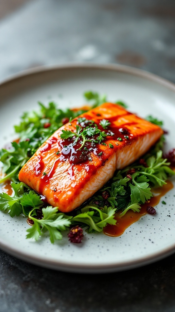 A plate of gochujang glazed salmon served on a bed of greens.