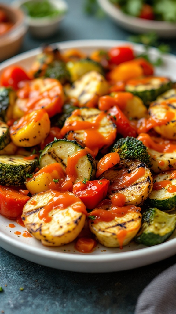 Plate of grilled vegetables seasoned with gochujang.