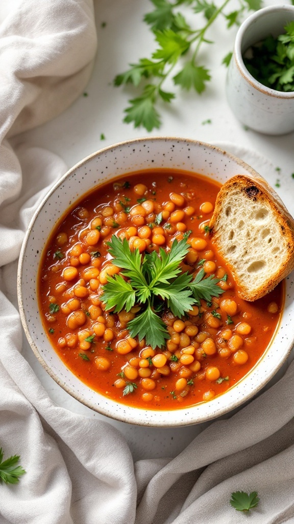 A bowl of gochujang lentil soup garnished with fresh herbs and served with bread.