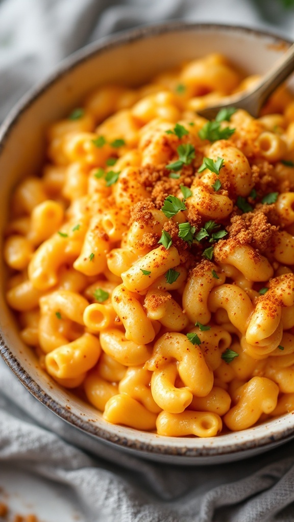 A bowl of creamy Gochujang mac and cheese topped with breadcrumbs and parsley.