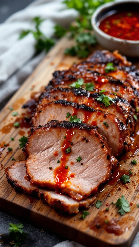 Sliced gochujang marinated pork belly garnished with herbs