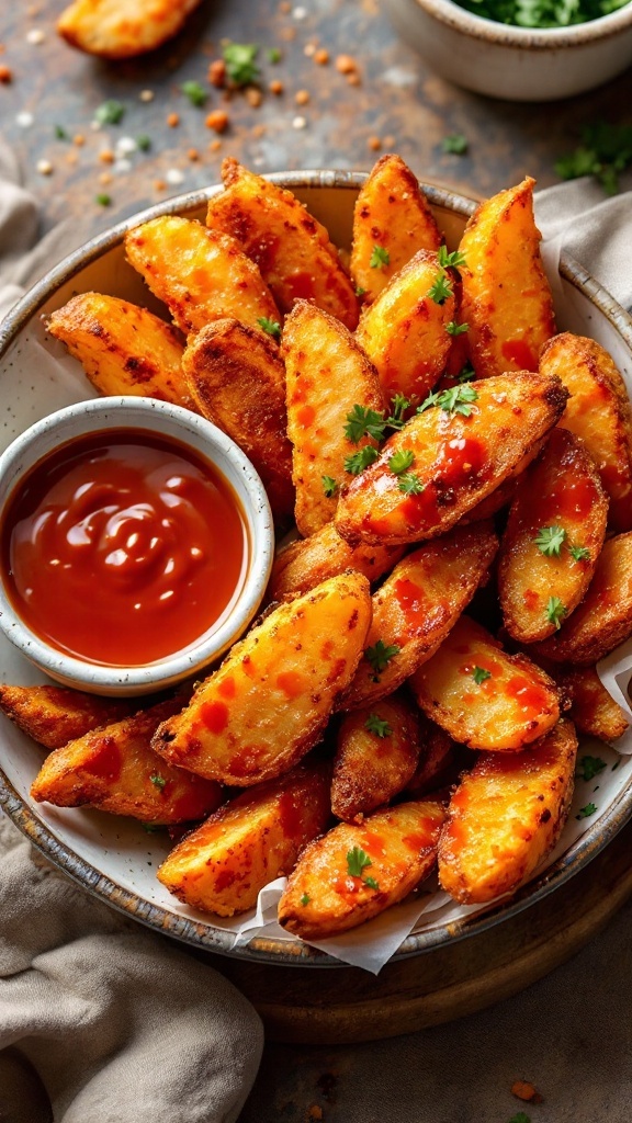 A plate of crispy gochujang potato wedges garnished with parsley and served with dipping sauce.