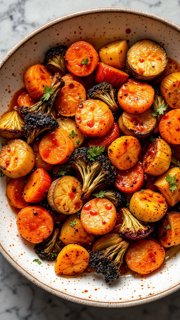 A bowl of roasted vegetables with a gochujang sauce, featuring zucchini, carrots, and cherry tomatoes.