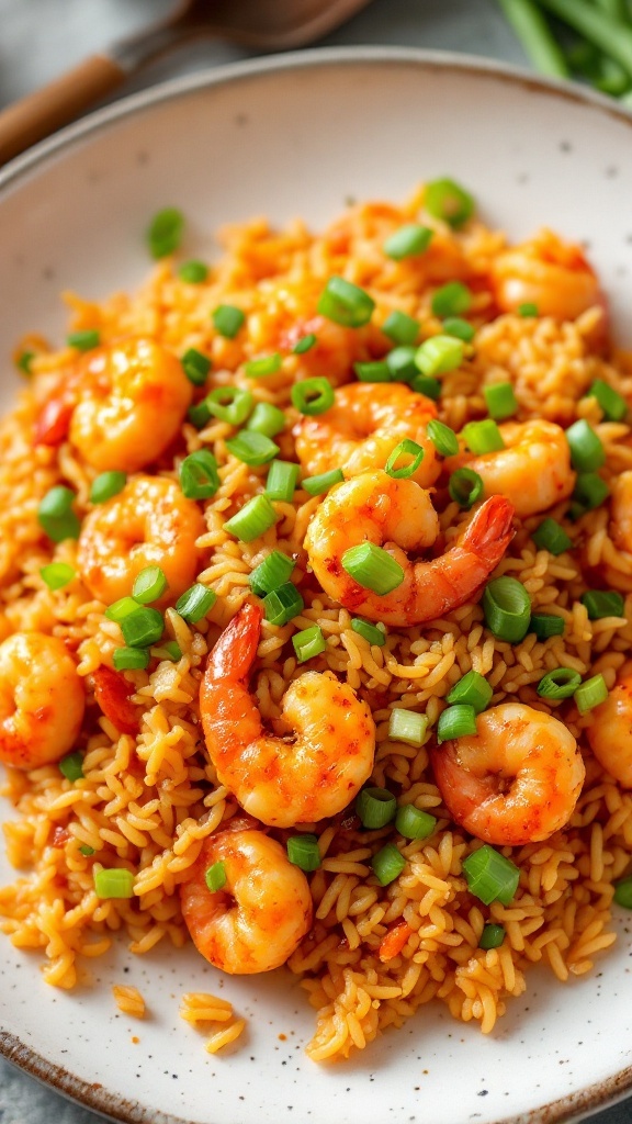 A plate of Gochujang shrimp fried rice topped with green onions.