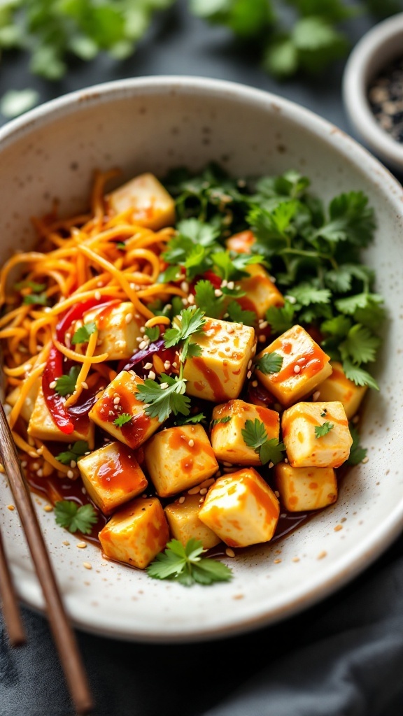 A delicious bowl of Gochujang Tofu with vegetables, rice or noodles, garnished with cilantro and sesame seeds.