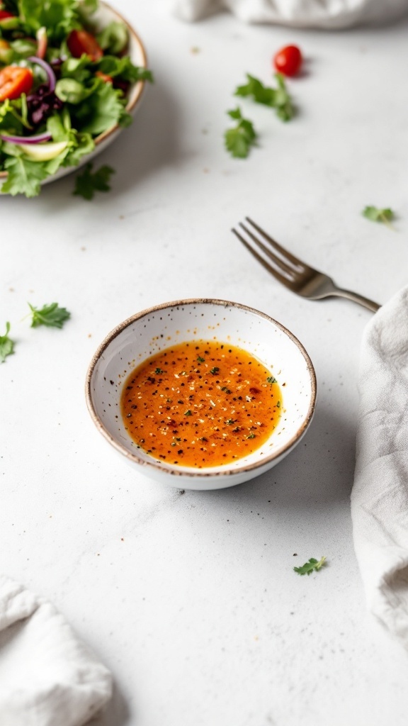 A bowl of Gochujang vinaigrette surrounded by fresh salad ingredients.